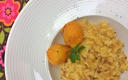 Risoto de bacalhau com caldo de pequi